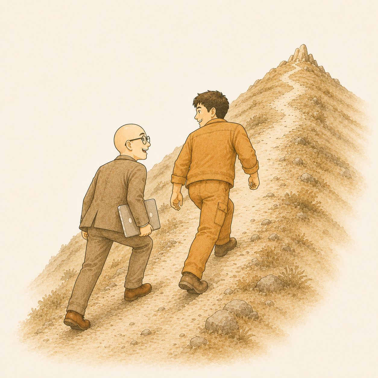 経営者と一緒に山道を登る代表のイラスト